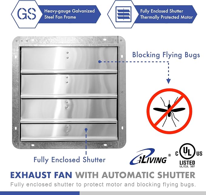 iLiving 18" & 16" Wall Mounted Shutter Exhaust Fans, Automatic Shutter, Thermostat & Variable Speed Controller, 1736 & 1200 CFM, Silver