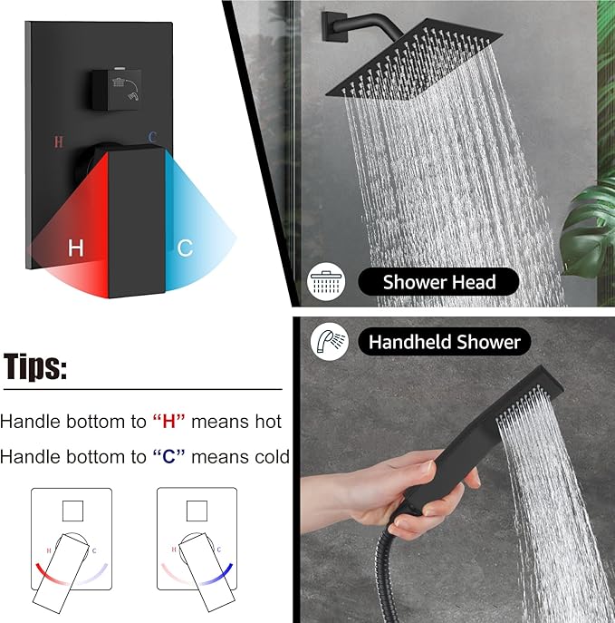 Midanya Shower Faucet Set,Wall Mount Shower System with Square Rain Shower Head and Hand Sprayer, Rough-in Valve Body and Trim Kit Included,8 Inch,Matte Black