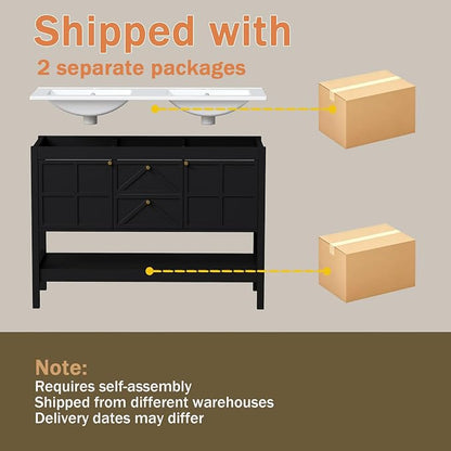 Bathroom Vanity with Double Sink Set, 48 Inch Pedestal Sink Storage Cabinet with 2 Drawers & 2 Doors, Mid-Century Modern Bathroom Vanity with Open Bottom Shelf, Black