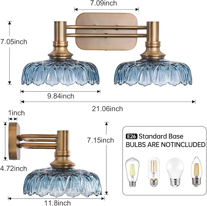 Vintage Bathroom Vanity Light Fixtures 2-Light Bathroom Lighting with Grey Glass Wall Sconces for Hallway Living Room Bedroom Entryway