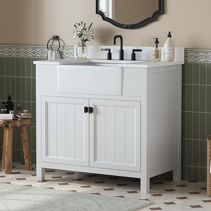 36 Inch Bathroom Vanity with Sink, Farmhouse Single Sink Bathroom Vanity with Adjustable Feet, Bathroom Storage Cabinet with Soft Closing Doors, Apron Farm Sink, White