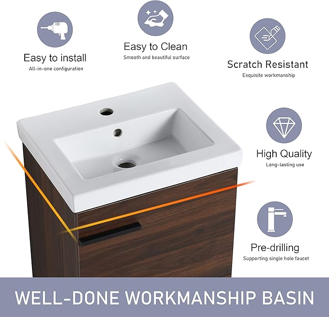 18" Bathroom Vanity with Sink, 18 Inch Floating Bathroom Vanity for Small Space, Modern Bathroom Vanity, Brown Wall Mounted Cabinet Set（017）
