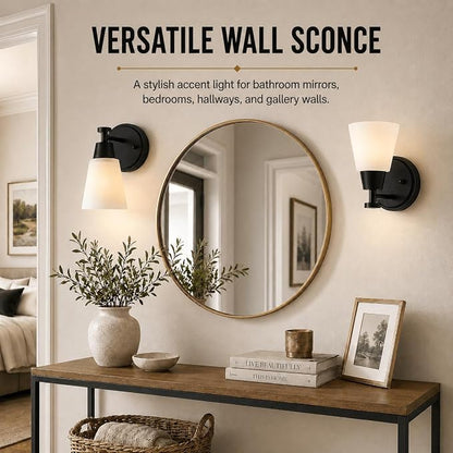 Wall Light Fixtures 2 Pack, Matte Black Vanity Lights with Milk Glass Shades, Modern Farmhouse Wall Sconces for Gallery, Mirror, Bedroom, and Bathroom