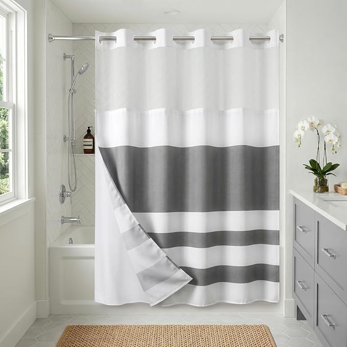 Americanflat 72x75 Hookless Shower Curtain - Water-Resistant Striped Shower Curtain with Sheer Panel, Snap-in Liner, and Durable Grommets - 100% Polyester - Grey and White