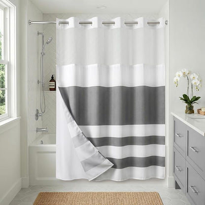 Americanflat 72x75 Hookless Shower Curtain - Water-Resistant Striped Shower Curtain with Sheer Panel, Snap-in Liner, and Durable Grommets - 100% Polyester - Grey and White