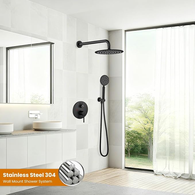 gotonovo High Pressure Shower System Valve and Trim Kit,Matte Black | Round Rain 10 Inch Shower Head with Handheld Faucet Set Complete,Rough In Valve,2-in-1 Diverter,All Metal,Bathroom Wall Mount