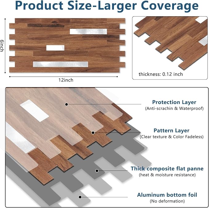 Yipscazo 2 Sheets PVC Wall Tiles Stick on Tiles for Backsplash Kitchen, Bathroom, Laundry Room, Camper, Fireplace (6'' X 12'', Brown Wood)