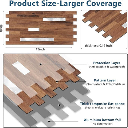 Yipscazo 10 Sheets PVC Wall Tiles Stick on Tiles for Backsplash Kitchen, Bathroom, Laundry Room, Camper, Fireplace (6'' X 12'', Brown Wood)