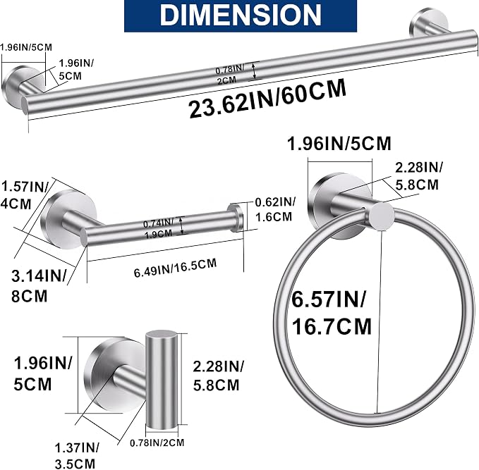 5 Pieces Bathroom Hardware Accessories Set Brushed Nickel, 24Inch Round Towel Racks Set for Bathroom, SUS304 Stainless Steel Towel Bar Set,Toilet Paper Holder Wall Mounted