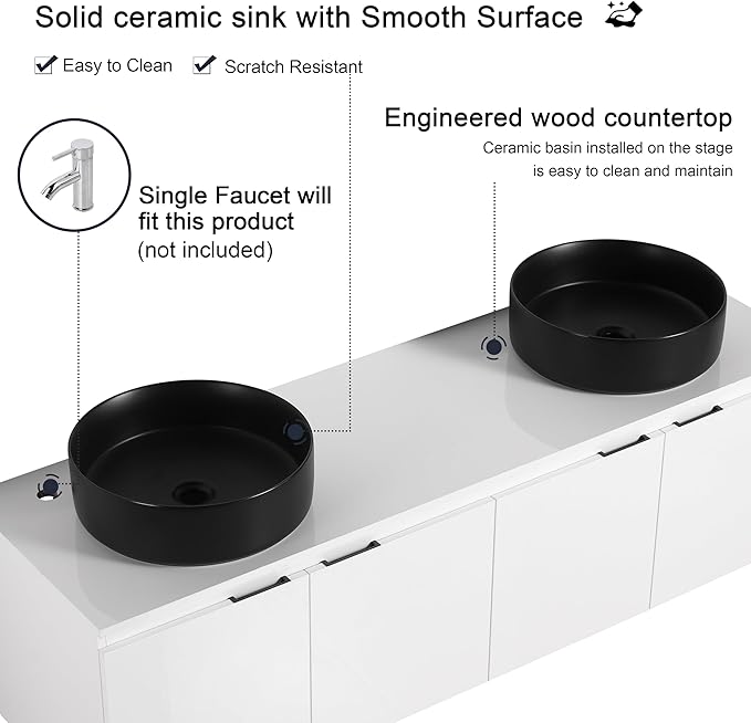 60 Inch Bathroom Vanity with Sink, 60" Floating Bathroom Vanity with Double Vessel Sinks, Modern Wall Mounted Cabinet Set, White Cabinet with 4 Doors and 2 Black Ceramic Basin Sinks, Large Countertop