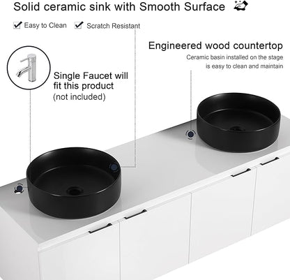 60 Inch Bathroom Vanity with Sink, 60" Floating Bathroom Vanity with Double Vessel Sinks, Modern Wall Mounted Cabinet Set, White Cabinet with 4 Doors and 2 Black Ceramic Basin Sinks, Large Countertop