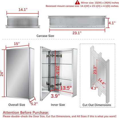 Fundin Aluminum Bathroom Mirror Cabinet Recess Mount Only, with Framless Double Sided Mirror Door, 15 Inch x 24 Inch