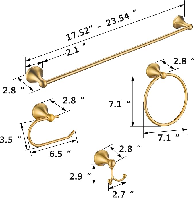 4 Pcs Gold Bathroom Hardware Set - Brushed Brass Gold Bathroom Accessories Kit, Stainless Steel Wall Mounted 23.6 Inch Towel Bar | Towel Hook | Toilet Paper Holder | Hand Towel Holder