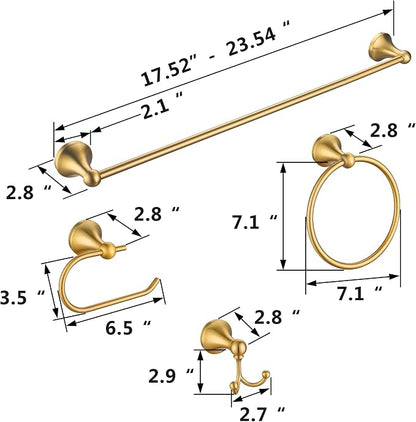 4 Pcs Gold Bathroom Hardware Set - Brushed Brass Gold Bathroom Accessories Kit, Stainless Steel Wall Mounted 23.6 Inch Towel Bar | Towel Hook | Toilet Paper Holder | Hand Towel Holder
