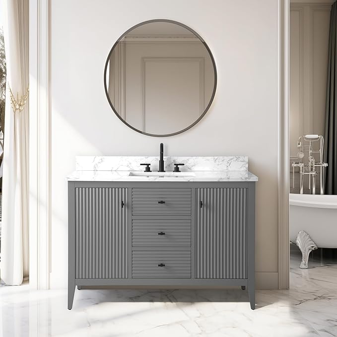 Vanity Art 48 inch Bathroom Vanity with Single Sink & Ceramic Top, Vanity Cabinet with Soft-Closing Door, Solid Wood Frame, Linear Pattern, Cashmere Gray, VA9148-G-MB,Matte Black Handles