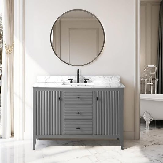 Vanity Art 48 inch Bathroom Vanity with Single Sink & Ceramic Top, Vanity Cabinet with Soft-Closing Door, Solid Wood Frame, Linear Pattern, Cashmere Gray, VA9148-G-MB,Matte Black Handles