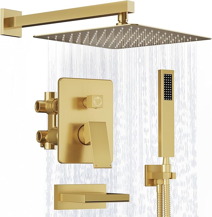 Brushed Gold Shower System, All Metal Gold Shower Faucet Set with Tub Spout, 10'' Gold Shower Head with Handheld, 59'' Shower Hose, Shower Valve and Diverter, Wall Mounted Bath Tub Faucet Set