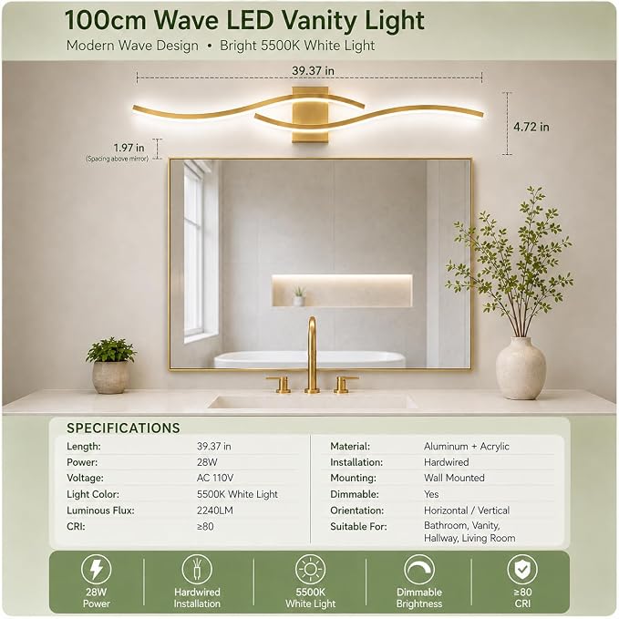 Modern Vanity Lights Dimmable Bathroom Light Fixtures Over Mirror Bathroom LED Vanity Light for Bathroom Living Room (Gold,39.37Inch,5500K)