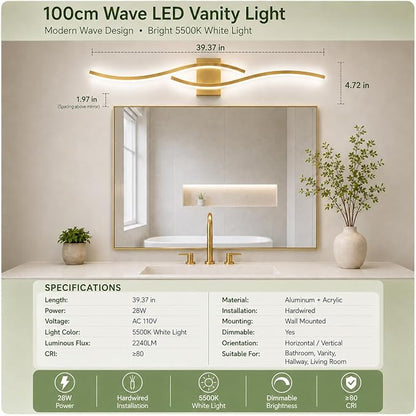 Modern Vanity Lights Dimmable Bathroom Light Fixtures Over Mirror Bathroom LED Vanity Light for Bathroom Living Room (Gold,39.37Inch,5500K)