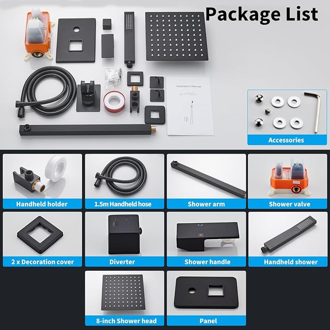 12 Inch Matte Black Shower Faucet Set with Square Rain Shower Head and Handheld Spray, Wall Mounted Rainfall Shower Head with Handheld Combo, Bathroom luxury Shower System with Valve and Trim