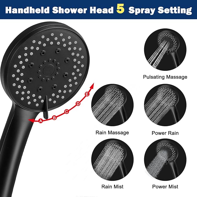 NearMoon Filtered Rain Shower Head, High Pressure 8″Square, and 5 settings Handheld Shower Filter Combo with Self-adhesive Holder/1.5M Hose -1 Replaceable Filter Cartridge (Matte Black)