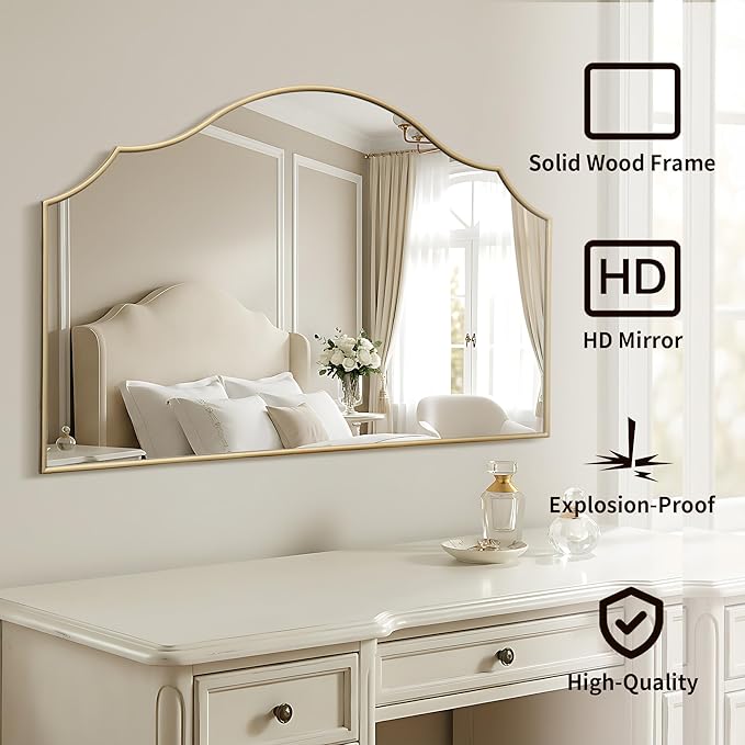 Besdomus Gold Scalloped Wall Mirror: 47"x31" Large Wooden Fireplace Mirror | Modern Minimalist Decorative Arched Mirror for Vanity/Dresser/Bedroom/Entryway/Bathroom/Living Room/Dining Room/Over Sink