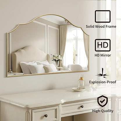 Besdomus Gold Scalloped Wall Mirror: 47"x31" Large Wooden Fireplace Mirror | Modern Minimalist Decorative Arched Mirror for Vanity/Dresser/Bedroom/Entryway/Bathroom/Living Room/Dining Room/Over Sink