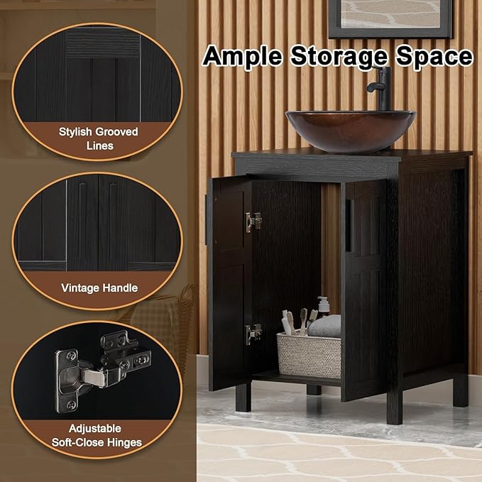 UEV 24"" Black Bathroom Vanity with Sink Combo,Modern Vanity with Vessel Sink,Stylish Bathroom Vanity Cabinet,Grooved Doors & Metal Handles,Modern Bronze Round Bowl Tempered Glass Vessel Sink, BK050