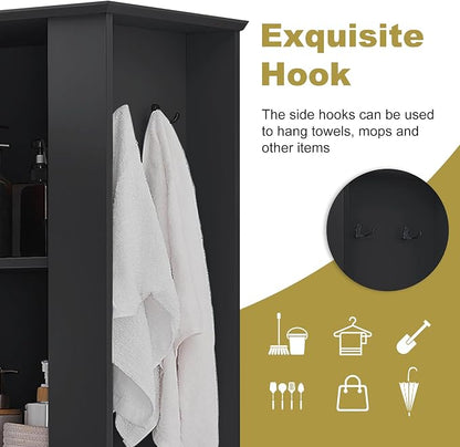 Merax 68" Bathroom Storage Cabinet with One Door, One Drawer and Laundry Hamper, Left or Right Orientation Available, Adjustable Shelf, Black