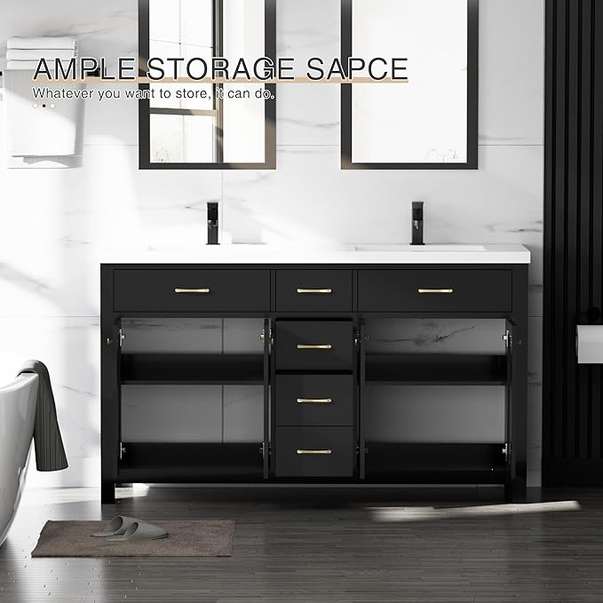 LUCKWIND 60" Bathroom Vanity and Sink Combo, Painted Modern Bathroom Storage Cabinet with Double Sink, Four Doors and Three Drawers, Include Faucet, Without Mirror, Black