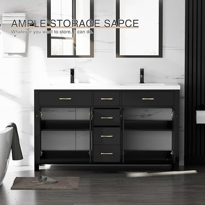 LUCKWIND 60" Bathroom Vanity and Sink Combo, Painted Modern Bathroom Storage Cabinet with Double Sink, Four Doors and Three Drawers, Include Faucet, Without Mirror, Black