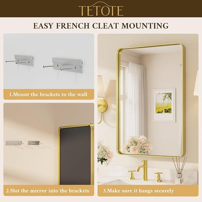 55 x 30 Inch Bathroom Mirror, Brushed Gold Metal Framed Wall Mounted Mirrors, Brushed Brass Rectangle Modern Decorative Vanity Mirror (Horizontal/Vertical)