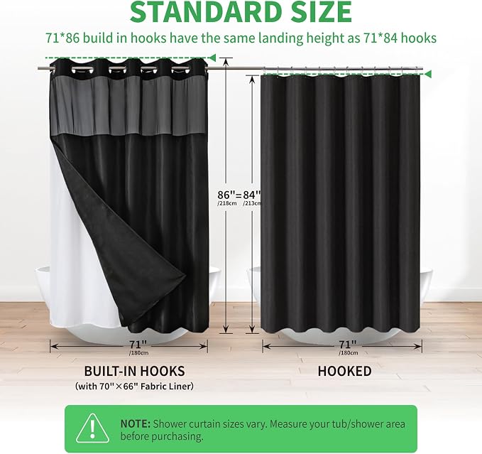 eachope Extra Long No Hook Shower Curtain with Snap-in Liner,71x86,Black | Boho Arch Textured,230GSM Thick Fabric,Sheer Window,Magnetic Weighted Hem,Waterproof & Machine Washable,for Bathroom,Hotel