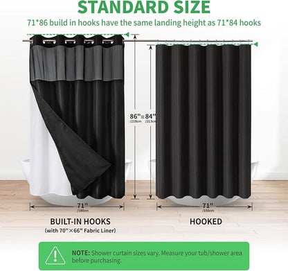 eachope Extra Long No Hook Shower Curtain with Snap-in Liner,71x86,Black | Boho Arch Textured,230GSM Thick Fabric,Sheer Window,Magnetic Weighted Hem,Waterproof & Machine Washable,for Bathroom,Hotel