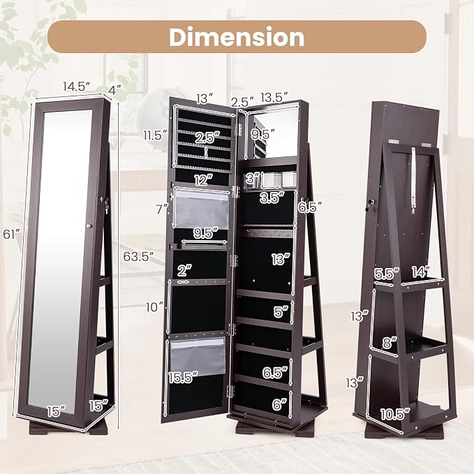 GOFLAME 360° Rotating Jewelry Armoire, Lockable Jewelry Cabinet with Full-Length Mirror & Inner Makeup Mirror, Standing Jewelry Storage Organizer with Rear Storage Shelves, Espresso