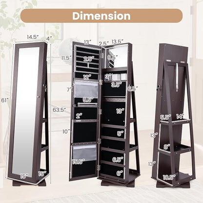 GOFLAME 360° Rotating Jewelry Armoire, Lockable Jewelry Cabinet with Full-Length Mirror & Inner Makeup Mirror, Standing Jewelry Storage Organizer with Rear Storage Shelves, Espresso