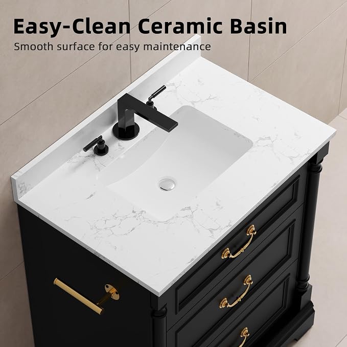 YESHOMY 30" Bathroom Vanity with Sink, Marble-Look Countertop, Black | Freestanding Storage Cabinet with Ceramic Basin, Tilt-Out Drawer and Additional Drawers for Bathroom