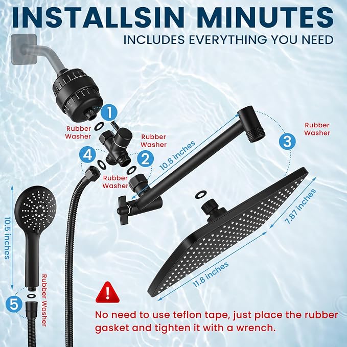 Shower Head with Handheld,High Pressure Black Filtered Shower Head | Rainfall Shower Head,11.8" Rectangular,Rain Shower Head,Dual Shower Head,Bathroom Decor,Metal Extension Arm,5 Spray Mode