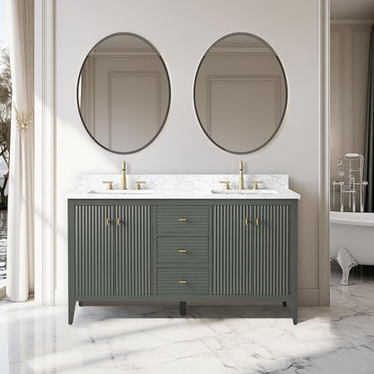 Vanity Art 60 inch Bathroom Vanity with Double Sink & Ceramic Top, Vanity Cabinet with Soft-Closing Door, Solid Wood Frame, Linear Pattern, Vintage Green, Golden Brushed Handware VA9160-DVG-GB