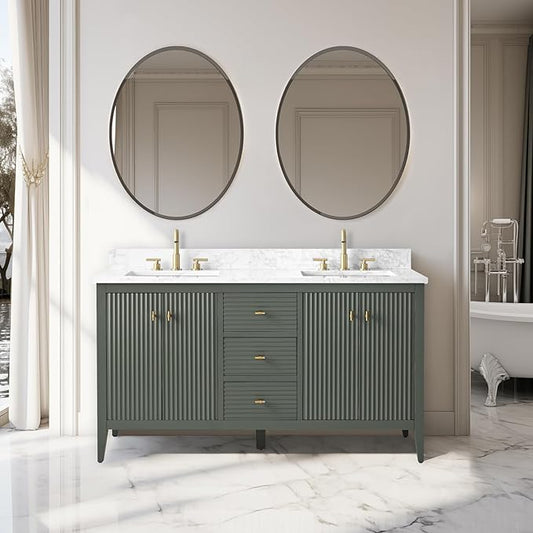 Vanity Art 60 inch Bathroom Vanity with Double Sink & Ceramic Top, Vanity Cabinet with Soft-Closing Door, Solid Wood Frame, Linear Pattern, Vintage Green, Golden Brushed Handware VA9160-DVG-GB