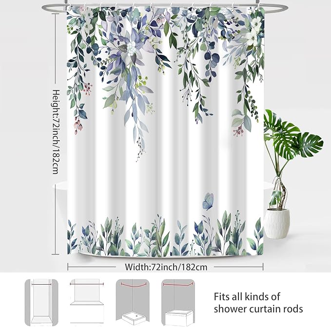Dark Green Floral Eucalyptus Shower Curtain with Hooks, 72x72 Inch | Waterproof Fabric, Watercolor Leaves and Floral, Botanical Style, Machine Washable, Quick-Drying, for Hotel Bathroom