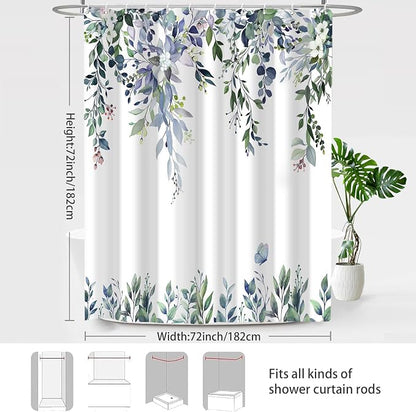 Dark Green Floral Eucalyptus Shower Curtain with Hooks, 72x72 Inch | Waterproof Fabric, Watercolor Leaves and Floral, Botanical Style, Machine Washable, Quick-Drying, for Hotel Bathroom