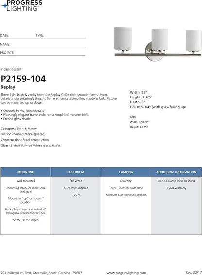 Progress Lighting 3-Light Etched Glass Modern Bath Vanity Light, Replay Collection , Indoor, P2159-104, Polished Nickel