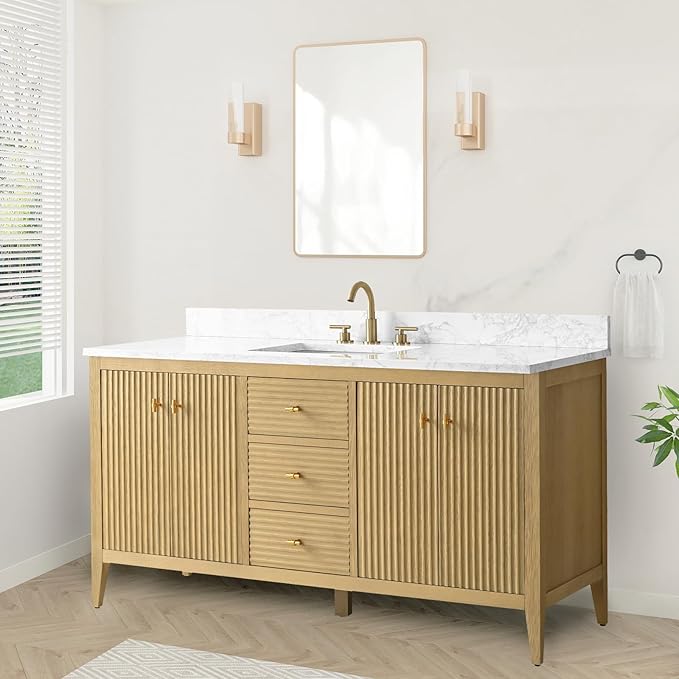HOMEBEYOND 60" Bathroom Vanity with Single Sink, Solid Wood Bathroom Vanity Free-Standing Cabinet, Ceramic Top & Soft Closing Door, Golden Brushed Handware, Natural Oak
