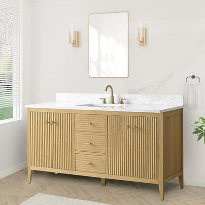 HOMEBEYOND 60" Bathroom Vanity with Single Sink, Solid Wood Bathroom Vanity Free-Standing Cabinet, Ceramic Top & Soft Closing Door, Golden Brushed Handware, Natural Oak