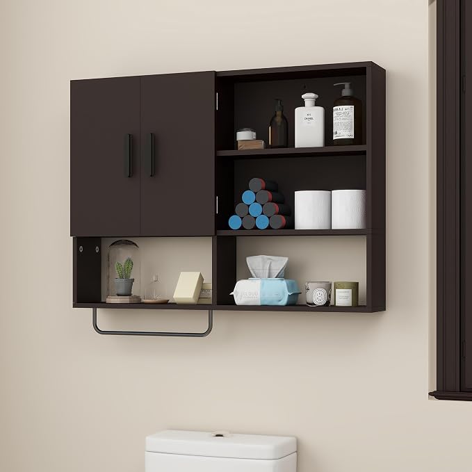 Bathroom Wall Cabinet, Medicine Cabinet with Towel Bar & 2 Doors, Espresso