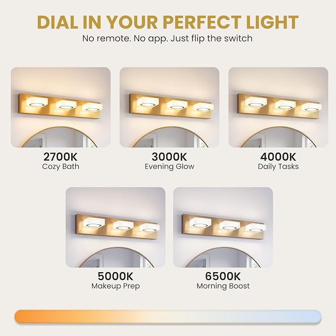 Bathroom Vanity Light, 3-Light 24 Inch Brushed Gold 5CCT 2700-6500K LED Bathroom Light Fixtures Over Mirror, Vanity Lighting Modern Bath Wall Sconce for Mirror Bedroom Living Room