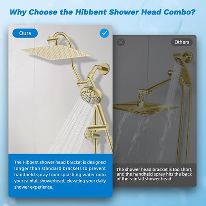 Hibbent High Pressue All Metal 10" Rainfall Shower Head, Handheld 10-Spray | cUPC Certified Brushed Gold Dual Showerhead Combo, 4-way Diverter with Pause Mode, Brass Extension Arm, 71'' Hose & Holder