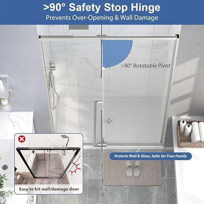 36-42" W x 72" H Semi Frameless Pivot Shower Door Brushed Nickel | 1/4"(6mm) SGCC Tempered Glass with Explosion-Proof Film &Nano Coating,Customizable Width