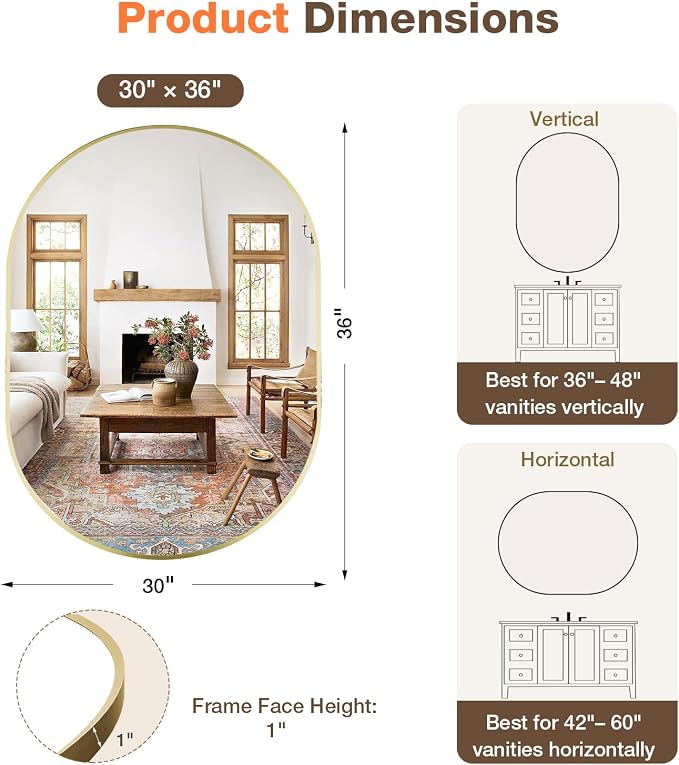 30"x36" Brushed Gold Oval Bathroom Mirror for Over Sink, Vanity Mirror | Aluminum Alloy Frame, Clear Reflection, Rust-Resistant, Vertical or Horizontal, Wall Mount, Bedroom and Entryway